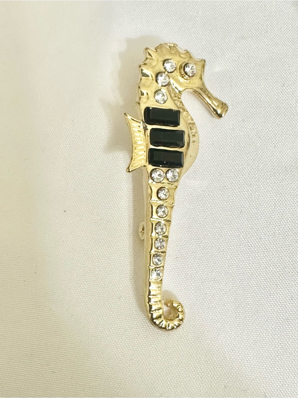 Vintage Gold Seahorse Brooch with Black and Clear Accents